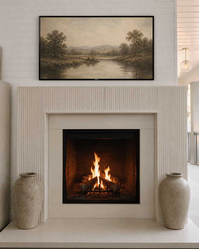 Modern fireplace with a light fluted stone mantel, lit fire, and landscape art on the TV above